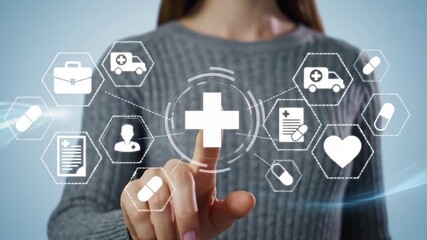 A woman in a gray sweater touches a medical interface on a light blue background with digital health icons, a health cross symbol, and a virtual display. - Powered by Adobe