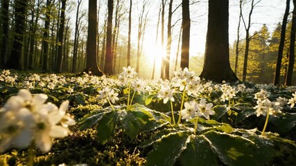 Forest floor covered in dew kissed white flowers and green moss bathed in warm golden sunlight