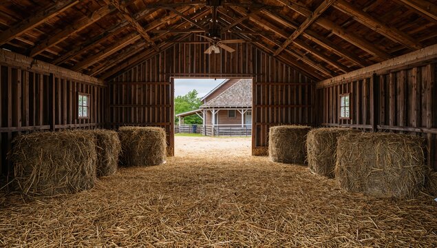 Interior of a rustic hayloft, featuring stacked hay bales and wooden structure, ideal for agricultural settings