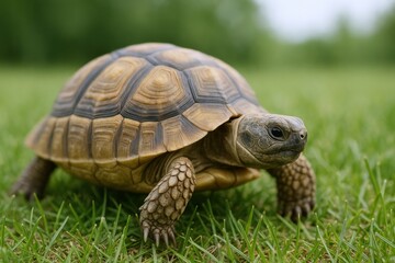 Obraz premium Tortoise Walking on Grass: Close-up of a Reptile in Natural Habitat