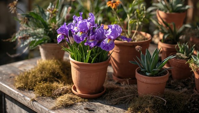 Clay pot filled with blooming purple irises on a table surrounded by various flower pots and greenery. A spring-themed still life showcasing fresh buds and lush moss. Gardening scene.