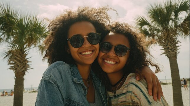 Two Young Women Embracing on a Tropical Beach, Smiling in Sunglasses, with Palm Trees
