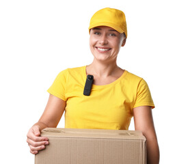 Courier with cardboard box and hidden spy camera on white background