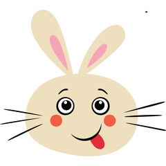 Cute cartoon beige bunny face with pink cheeks and big eyes sticking tongue out with long whiskers on transparent background funny expression
