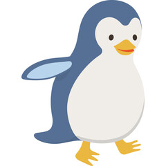 Cute cartoon blue and white penguin with orange feet and beak walking with its wings out slightly on a transparent background in a simple and friendly illustration style