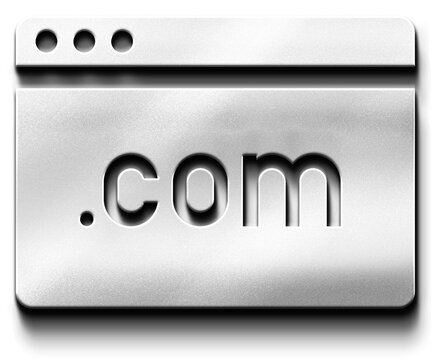 3D Silver Metallic .com Icon for Web Domain or Internet in Neumorphic Style
