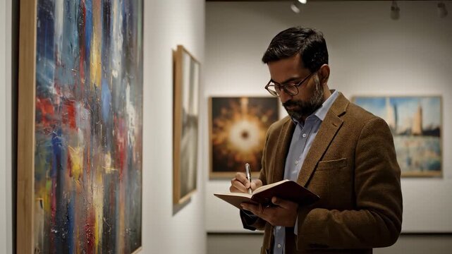 Man writing in notebook gallery. Art visitor studying paintings. Museum curator and critic observing details and taking notes. Warm exhibition lighting emphasizes color and texture. Calm mood lingers.