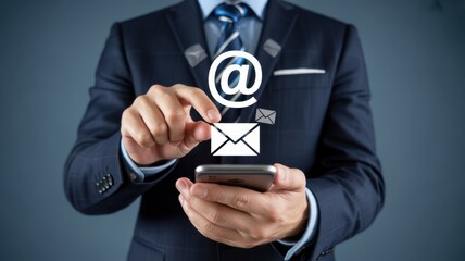 Business Email Communication: A professional individual is seen interacting with a phone, surrounded by visual representations of email correspondence.