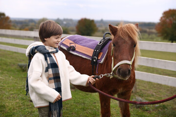 Obraz premium Equine assisted therapy. Little boy with beautiful pony outdoors. Lovely domesticated pet