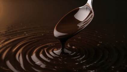 Close-up of dark chocolate melting off a spoon, indulgent treat with high sugar content