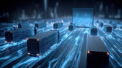 Futuristic transportation network with autonomous trucks and holographic display conveying a vision of modern logistics