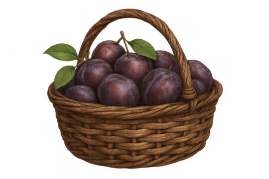 Ripe dark plums filling wicker basket with leaves