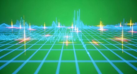 Digital data visualization displaying oscillating waves on a grid. Futuristic sound graph or heartbeat monitor for scientific research.