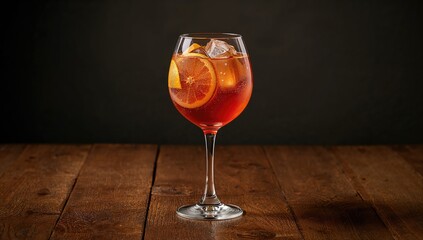 Fototapeta na wymiar Gin tea tonic presented in a wine glass atop a wooden table, focusing on beverage presentation