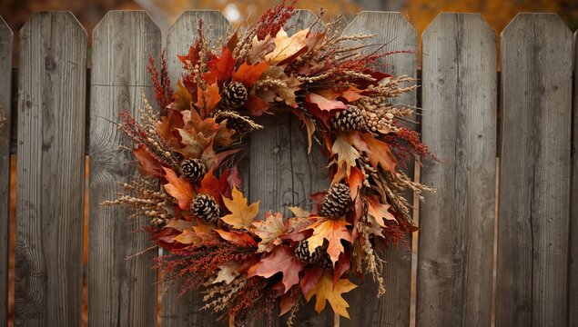 Close-up of a fall wreath placed on a wooden fence, seasonal decor accentuation