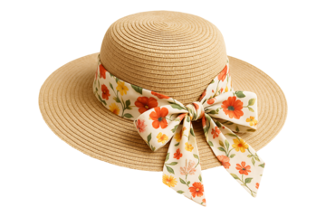 Wide Brim Beach Hat Ribbon Detail Isolated on a Transparent Background