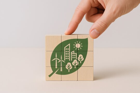 Sustainable City Development Concept: Hand Arranging Wooden Blocks with Green Energy and Urban Environment Icons