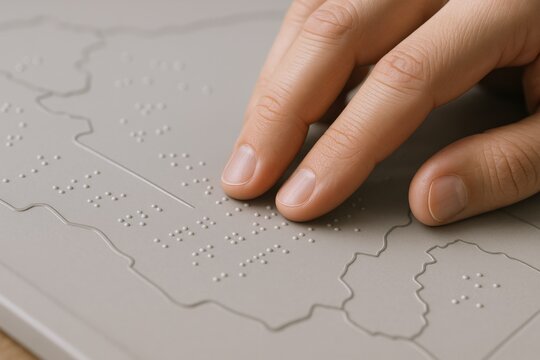 Tactile Braille Map: Visually Impaired Person Reading Textured Geographic Information with Fingers, Accessibility, Inclusion