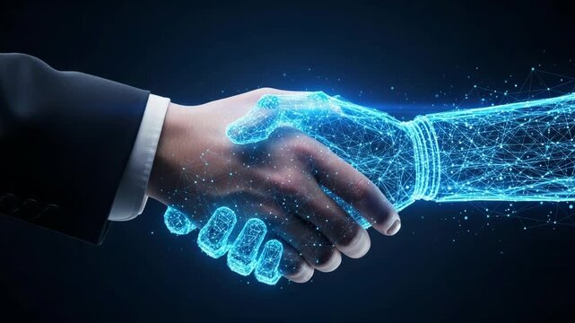 Human hand shaking a futuristic digital blue robotic hand