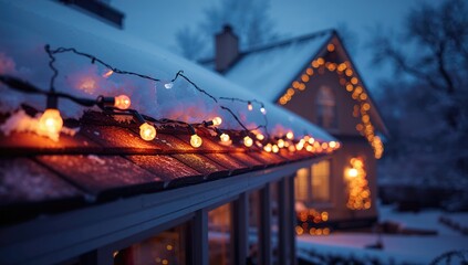 Fototapeta premium Hanging Christmas string lights on a roof, ensuring safety during holiday decorating, accident prevention approach