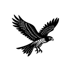 Stylized black and white illustration of a flying falcon or hawk