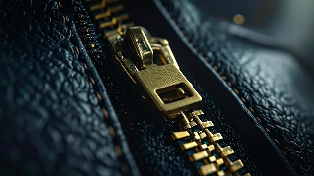 Close-up of a golden zipper on a black leather jacket, showcasing intricate details and texture.
