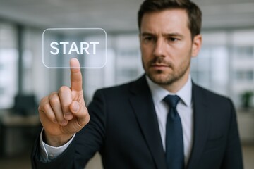 Businessman Activating Virtual Start Button: Modern Technology, Business Launch, and Innovative Solutions Concept