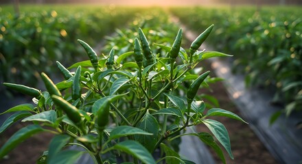 Close-up of green chili plants growing in rows, backlit by the setting sun
