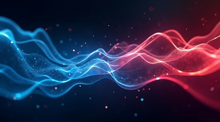 Dynamic abstract waves of glowing light particles flow creating a vibrant, futuristic energy flow for technology or science concepts