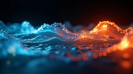 Dynamic liquid waves shimmer with vibrant blue and fiery orange light, creating a mesmerizing abstract spectacle of fluid motion and glowing particles.