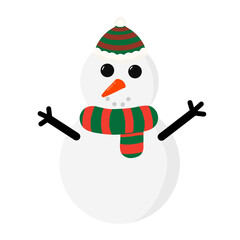 A cheerful snowman wearing a green and red striped scarf and matching hat, spreading winter joy.