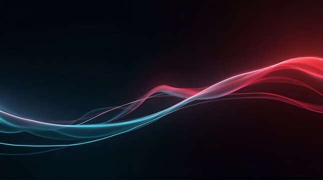 Dynamic abstract flowing ribbons of vibrant neon red and cool blue light gracefully curve across a dark, futuristic background. - Powered by Adobe