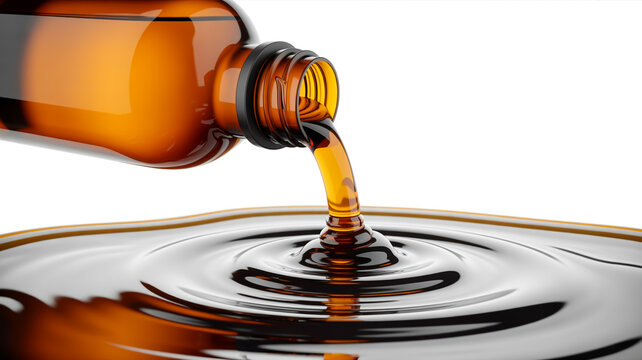 A close-up product photography shot of amber-colored liquid being poured from a brown glass bottle with a black screw cap.