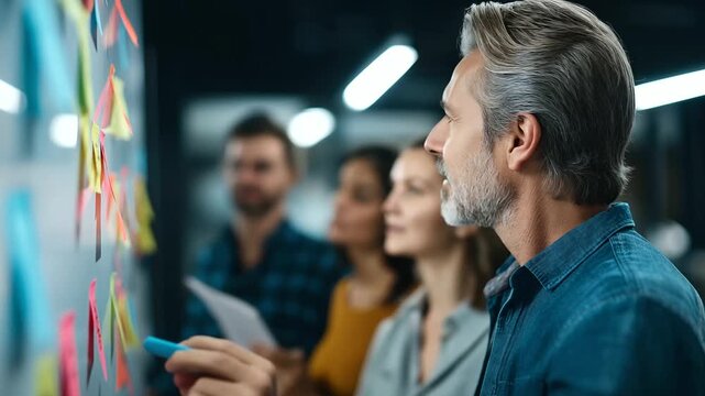 A diverse team brainstorms with sticky notes on a whiteboard a leader showing empathy hyper realistic notes with vivid text moody shadows in a modern office bright saturation