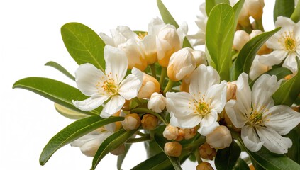Obraz premium Citrus flower also called neroli, white blossoms and buds on a light backdrop, seasonal change
