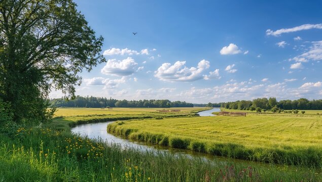 Hay fields and meadows beside a river, seasonal change