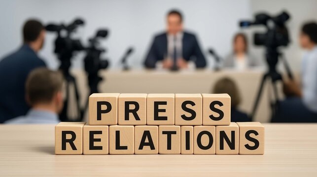 Press relations wooden blocks at news conference with journalists filming media event for public communications corporate announcements and professional journalism coverage