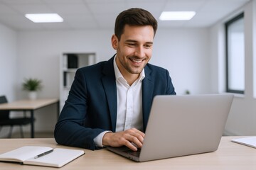 Fototapeta premium Smiling Professional Using Laptop at Desk: Business, Technology, and Positive Workplace Environment
