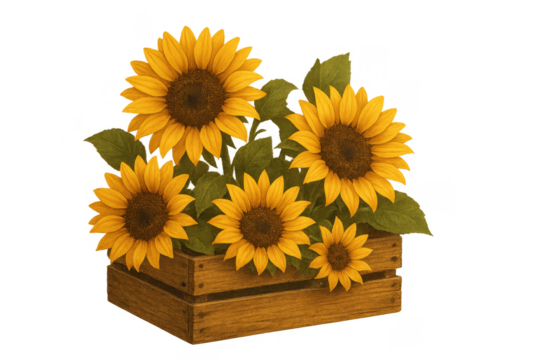 Sunflowers arrangement in a rustic wooden crate