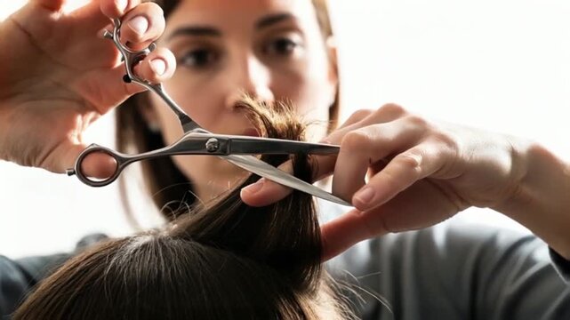 Woman Getting a Haircut Professional Barber Using Scissors - Video