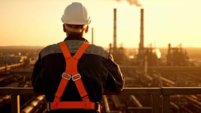 worker with harness and helmet overlooks plant and chimney. smoke rises during sunset. safety railing lines platform. industrial structures span horizon. pipeline and walkway form service corridor.