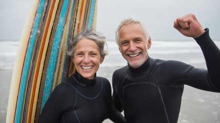 Happy Senior Couple in Wetsuits Posing with Surfboard on Beach, Embracing Active Retirement