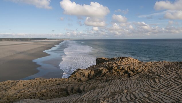 Flysch formations along the coastline, showcasing geological layers and erosion risk