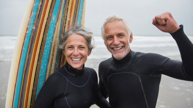 Happy Senior Couple in Wetsuits Posing with Surfboard on Beach, Embracing Active Retirement - Powered by Adobe