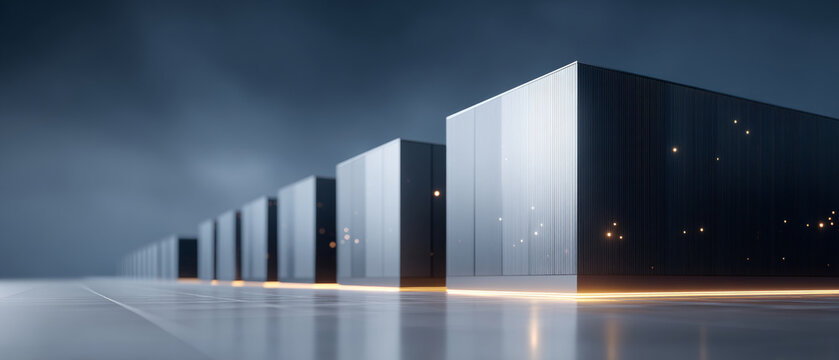 Futuristic data center with rows of illuminated server racks in a sleek, modern environment with reflective flooring and ambient lighting