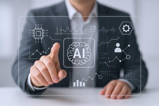 Businessman Interacting with Futuristic Artificial Intelligence Interface, showcasing Data Analytics, Machine Learning, and Neural Networks