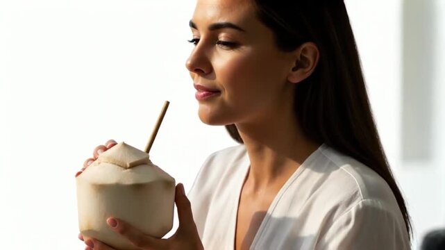Woman Enjoying Coconut Drink - Refreshing Summer Video Concept
