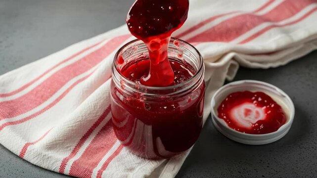 Fruit preserve jar with spoon serving conserve condiment