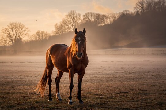 Equine grazing in a frosty early morning field - Powered by Adobe