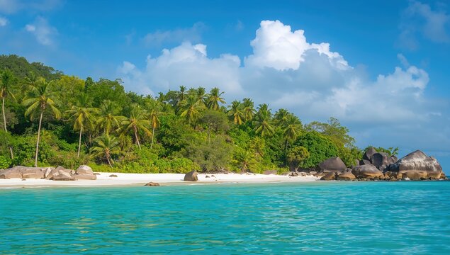 Anse Patates beach, La Digue island, Indian ocean, Seychelles, preserving natural beauty